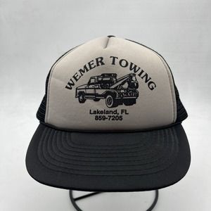 Vintage Trucker Hat Wemer Towing Lakeland, FL Rope Mesh Cap Grey/Black Tow Truck